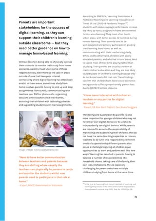 ‌
‌
Parents‌‌
are‌‌
important‌‌
stakeholders‌‌
for‌‌
the‌‌
success‌‌
of‌‌
digital‌‌
learning,‌‌
as‌‌
they‌‌
can‌‌
support‌‌
their‌‌
children’s‌‌
learning‌‌
outside‌‌
classrooms‌‌
—‌‌
but‌‌
they‌‌
need‌‌
better‌‌
guidance‌‌
on‌‌
how‌‌
to‌‌
manage‌‌
home-based‌‌
learning.‌‌ ‌
Without‌‌
teachers‌‌
being‌‌
able‌‌
to‌‌
physically‌‌
oversee‌‌
their‌‌
students‌‌
to‌‌
monitor‌‌
their‌‌
study‌‌
from‌‌
home‌‌
scenarios,‌‌
parents‌‌
must‌‌
share‌‌
some‌‌
of‌‌
these‌‌
responsibilities,‌‌
even‌‌
more‌‌
so‌‌
the‌‌
case‌‌
in‌‌
areas‌‌
outside‌‌
of‌‌
Java‌‌
that‌‌
have‌‌
poor‌‌
internet‌‌
connectivity‌‌
where‌‌
digital‌‌
learning‌‌
has‌‌
often‌‌
been‌‌
erratic.‌‌
In‌‌
these‌‌
areas,‌‌
sometimes‌‌
study‌‌
from‌‌
home‌‌
involves‌‌
parents‌‌
having‌‌
to‌‌
pick‌‌
up‌‌
and‌‌
drop‌‌
assignments‌‌
from‌‌
school,‌‌
communicating‌‌
with‌‌
teachers‌‌
over‌‌
SMS‌‌
or‌‌
phone‌‌
calls,‌‌
organising‌‌
sessions‌‌
when‌‌
teachers‌‌
visit‌‌
their‌‌
homes,‌‌
assisting‌‌
their‌‌
children‌‌
with‌‌
technology‌‌
devices‌‌
and‌‌
supporting‌‌
students‌‌
with‌‌
their‌‌
assignments.‌ ‌
‌
‌
Image‌‌
:‌‌
UNICEF‌‌
Indonesia/2020/Wilander‌ ‌
“Need‌‌
to‌‌
have‌‌
better‌‌
communication‌‌
between‌‌
teachers‌‌
and‌‌
parents‌‌
because‌‌
they‌‌
are‌‌
shifting‌‌
where‌‌
usually‌‌
the‌‌
teachers‌‌
can‌‌
physically‌‌
be‌‌
present‌‌
to‌‌
teach‌‌
and‌‌
monitor‌‌
the‌‌
students‌‌
whilst‌‌
now‌‌
parents‌‌
need‌‌
to‌‌
participate‌‌
in‌‌
that‌‌
role‌‌
at‌‌
home.”‌ ‌
-‌‌
Expert,‌‌
MoEC,‌‌
Government‌‌
of‌‌
Indonesia‌ ‌
According‌‌
to‌‌
SMERU’s,‌‌
‘Learning‌‌
from‌‌
Home:‌‌
A‌‌
Portrait‌‌
of‌‌
Teaching‌‌
and‌‌
Learning‌‌
Inequalities‌‌
in‌‌
Times‌‌
of‌‌
the‌‌
COVID-19‌‌
Pandemic‌
’‌‌
‌
Report‌
220‌
,‌‌
students‌‌
with‌‌
above-average‌‌
performance‌‌
in‌‌
class‌‌
are‌‌
likely‌‌
to‌‌
have‌‌
a‌‌
supportive‌‌
home‌‌
environment‌‌
for‌‌
distance‌‌
learning.‌‌
They‌‌
most‌‌
often‌‌
live‌‌
in‌‌
urban‌‌
areas,‌‌
with‌‌
better‌‌
access‌‌
to‌‌
facilities‌‌
during‌‌
remote‌‌
learning.‌‌
Their‌‌
parents‌‌
tend‌‌
to‌‌
be‌‌
well-educated‌‌
and‌‌
actively‌‌
participate‌‌
in‌‌
guiding‌‌
their‌‌
learning‌‌
from‌‌
home,‌‌
as‌‌
well‌‌
as,‌‌
communicating‌‌
with‌‌
their‌‌
teachers‌‌
regularly.‌‌
While,‌‌
on‌‌
the‌‌
other‌‌
hand,‌‌
children‌‌
with‌‌
poorly‌‌
educated‌‌
parents,‌‌
and‌‌
who‌‌
live‌‌
in‌‌
rural‌‌
areas,‌‌
tend‌‌
to‌‌
spend‌‌
most‌‌
of‌‌
their‌‌
time‌‌
playing‌‌
rather‌‌
than‌‌
studying.‌‌
Their‌‌
parents‌‌
are‌‌
usually‌‌
unaware‌‌
of‌‌
their‌‌
children’s‌‌
education‌‌
and‌‌
they‌‌
are‌‌
less‌‌
likely‌‌
to‌‌
participate‌‌
in‌‌
children’s‌‌
learning‌‌
because‌‌
they‌‌
do‌‌
not‌‌
know‌‌
how‌‌
to‌‌
fill‌‌
that‌‌
role.‌‌
These‌‌
findings‌‌
confirm‌‌
that‌‌
children‌‌
from‌‌
lower‌‌
socio-economic‌‌
backgrounds‌‌
suffer‌‌
a‌‌
proportionally‌‌
greater‌‌
loss‌‌
due‌‌
to‌‌
COVID-19‌‌
school‌‌
closures.‌‌ ‌
‌
“I‌‌
have‌‌
never‌‌
interacted‌‌
with‌‌
school‌‌
or‌‌
teachers‌‌
or‌‌
any‌‌
parties‌‌
for‌‌
digital‌
learning.”‌ ‌
-‌‌
Parent,‌‌
59,‌‌
Alor‌‌
Kecil‌‌
District,‌‌
East‌‌
Nusa‌‌
Tenggara‌‌ ‌
‌
Monitoring‌‌
and‌‌
supervision‌‌
by‌‌
parents‌‌
is‌‌
also‌‌
more‌‌
important‌‌
for‌‌
younger‌‌
children‌‌
who‌‌
may‌‌
not‌‌
have‌‌
their‌‌
own‌‌
digital‌‌
devices‌‌
or‌‌
be‌‌
unable‌‌
to‌‌
independently‌‌
use‌‌
digital‌‌
devices.‌‌
While‌‌
parents‌‌
are‌‌
required‌‌
to‌‌
assume‌‌
the‌‌
responsibility‌‌
of‌‌
monitoring‌‌
and‌‌
supervising‌‌
their‌‌
children,‌‌
they‌‌
do‌‌
not‌‌
have‌‌
the‌‌
same‌‌
teaching‌‌
capacities‌‌
or‌‌
time‌‌
as‌‌
teachers‌‌
do‌‌
to‌‌
fulfill‌‌
this‌‌
responsibility.‌‌
Different‌‌
levels‌‌
of‌‌
supervision‌‌
by‌‌
different‌‌
parents‌‌
also‌‌
poses‌‌
a‌‌
challenge‌‌
to‌‌
giving‌‌
all‌‌
children‌‌
equal‌‌
opportunities‌‌
to‌‌
learn‌‌
and‌‌
perform‌‌
well.‌‌
This‌‌
new‌‌
way‌‌
of‌‌
learning‌‌
has‌‌
resulted‌‌
in‌‌
parents‌‌
having‌‌
to‌‌
balance‌‌
a‌‌
number‌‌
of‌‌
responsibilities‌‌
like‌‌
household‌‌
chores,‌‌
taking‌‌
care‌‌
of‌‌
the‌‌
family,‌‌
their‌‌
own‌‌
jobs/professions.‌‌
This‌‌
is‌‌
especially‌‌
challenging‌‌
for‌‌
parents‌‌
who‌‌
have‌‌
multiple‌‌
children‌‌
studying‌‌
from‌‌
home‌‌
at‌‌
the‌‌
same‌‌
time.‌‌ ‌
‌
220
Alifia,‌‌
U.,et‌‌
al..,’Learning‌‌
from‌‌
home:‌‌
A‌‌
portrait‌‌
of‌‌
teaching‌‌
and‌‌
learning‌‌
inequalities‌‌
in‌‌
the‌‌
times‌‌
of‌‌
the‌‌
COVID-19‌‌
pandemic’,‌‌
Smeru‌‌
Research‌‌
Institute‌
,‌‌
July‌‌
2020‌
,‌‌‌
Rep.‌‌
No.‌‌
1/2020,‌‌
pp‌‌
1-8.‌ ‌
‌
‌
72‌ ‌ ‌
‌
‌ ‌
‌
‌
 