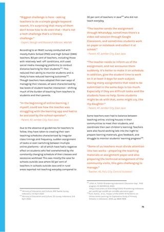 ‌
“Biggest‌‌
challenge‌‌
is‌‌
here‌‌
-‌‌
asking‌‌
teachers‌‌
to‌‌
do‌‌
a‌‌
simple‌‌
google‌‌
keyword‌‌
search,‌‌
it's‌‌
surprising‌‌
that‌‌
many‌‌
of‌‌
them‌‌
don't‌‌
know‌‌
how‌‌
to‌‌
do‌‌
even‌‌
that‌‌
-‌‌
that's‌‌
not‌‌
a‌‌
tech‌‌
challenge‌‌
that's‌‌
a‌‌
literacy‌‌
challenge.”‌ ‌
-‌‌
Expert,‌‌
Design‌‌
and‌‌
Research‌‌
Advisor,‌‌
Wartek‌ ‌ ‌
‌
According‌‌
to‌‌
an‌‌
MoEC‌‌
survey‌‌
conducted‌‌
with‌‌
mostly‌‌
Public‌‌
School‌‌
(PNS)‌‌
and‌‌
High‌‌
School‌‌
(SMA)‌‌
teachers,‌‌
83‌‌
per‌‌
cent‌‌
of‌‌
teachers,‌‌
including‌‌
those‌‌
with‌‌
relatively‌‌
‘well‌‌
-off’‌‌
conditions,‌‌
still‌‌
used‌‌
social‌‌
media‌‌
messaging‌‌
platforms‌‌
to‌‌
conduct‌‌
distance‌‌
learning‌‌
for‌‌
their‌‌
students‌
223‌
.‌‌
This‌‌
reduced‌‌
their‌‌
ability‌‌
to‌‌
monitor‌‌
students‌‌
and‌‌
is‌‌
likely‌‌
to‌‌
have‌‌
reduced‌‌
learning‌‌
outcomes‌
224‌
.‌ ‌
Though‌‌
teachers‌‌
have‌‌
adopted‌‌
their‌‌
own‌‌
ways‌‌
of‌‌
managing‌‌
their‌‌
classes,‌‌
all‌‌
were‌‌
characterised‌‌
by‌‌
low‌‌
levels‌‌
of‌‌
student-teacher‌‌
interaction‌‌
-‌‌
shifting‌‌
much‌‌
of‌‌
the‌‌
burden‌‌
of‌‌
teaching‌‌
from‌‌
teachers‌‌
to‌‌
students‌‌
and‌‌
their‌‌
parents.‌‌ ‌
‌
“In‌‌
the‌‌
beginning‌‌
of‌‌
online‌‌
learning,‌‌
I‌‌
myself,‌‌
could‌‌
see‌‌
how‌‌
the‌‌
teacher‌‌
was‌‌
struggling‌‌
with‌‌
the‌‌
learning‌‌
app‌‌
and‌‌
had‌‌
to‌‌
be‌‌
assisted‌‌
by‌‌
the‌‌
school‌‌
operator”.‌ ‌
-‌‌
Parent,‌‌
47,‌‌
Jember‌‌
City,‌‌
East‌‌
Java‌‌ ‌
Due‌‌
to‌‌
the‌‌
absence‌‌
of‌‌
guidelines‌‌
for‌‌
teachers‌‌
to‌‌
follow,‌‌
they‌‌
have‌‌
taken‌‌
to‌‌
creating‌‌
their‌‌
own‌‌
teaching‌‌
schedules‌‌
characterised‌‌
by‌‌
irregular‌‌
class‌‌
timings‌‌
and‌‌
frequency,‌‌
sudden‌‌
assignment‌‌
of‌‌
tasks‌‌
or‌‌
even‌‌
switching‌‌
between‌‌
multiple‌‌
online‌‌
platforms‌‌
-‌‌
all‌‌
of‌‌
which‌‌
have‌‌
had‌‌
a‌‌
negative‌‌
effect‌‌
on‌‌
students‌‌
who‌‌
feel‌‌
overwhelmed‌‌
by‌‌
the‌‌
constantly‌‌
changing‌‌
schedule‌‌
of‌‌
their‌‌
classes‌‌
and‌‌
excessive‌‌
workload.‌‌
This‌‌
was‌‌
mostly‌‌
the‌‌
case‌‌
for‌‌
schools‌‌
outside‌‌
Java‌‌
where‌‌
50‌‌
per‌‌
cent‌‌
of‌‌
teachers‌‌
in‌‌
schools‌‌
outside‌‌
Java‌‌
and‌‌
in‌‌
rural‌‌
areas‌‌
reported‌‌
not‌‌
teaching‌‌
everyday‌‌
compared‌‌
to‌‌
223
‌
Ministry‌‌
of‌‌
Education‌‌
and‌‌
Culture,‌‌
‌
KPAI‌‌
Teacher‌‌
Survey,‌‌
Indonesia,‌‌
3-8‌‌
April‌‌
2020.‌‌ ‌
224
‌
Ministry‌‌
of‌‌
Education‌‌
and‌‌
Culture,‌‌
SD‌‌
survey,‌‌
Indonesia,‌‌
3-8‌‌
April‌‌
2020.‌‌ ‌
30‌‌
per‌‌
cent‌‌
of‌‌
teachers‌‌
in‌‌
Java‌
225‌
‌
‌
who‌‌
did‌‌
not‌‌
teach‌‌
everyday.‌‌ ‌
‌
“The‌‌
teacher‌‌
sends‌‌
the‌‌
assignment‌‌
through‌‌
WhatsApp,‌‌
sometimes‌‌
there's‌‌
a‌‌
video‌‌
call‌‌
session‌‌
through‌‌
Google‌‌
Classroom,‌‌
and‌‌
sometimes‌‌
students‌‌
work‌‌
on‌‌
paper‌‌
or‌‌
notebook‌‌
and‌‌
collect‌‌
it‌‌
at‌‌
school.”‌‌ ‌
-‌‌
Parent,‌‌
47,‌‌
Jember‌‌
City,‌‌
East‌‌
Java‌‌ ‌
“The‌‌
teacher‌‌
needs‌‌
to‌‌
inform‌‌
us‌‌
of‌‌
the‌‌
assignment,‌‌
and‌‌
not‌‌
announce‌‌
them‌‌
suddenly.‌‌
It’s‌‌
better‌‌
to‌‌
make‌‌
it‌‌
on‌‌
schedule.‌‌
In‌‌
addition,‌‌
give‌‌
the‌‌
student‌‌
time‌‌
to‌‌
work‌‌
on‌‌
it‌‌
at‌‌
least‌‌
3‌‌
days‌‌
for‌‌
each‌‌
subject.‌‌
Having‌‌
many‌‌
assignments‌‌
that‌‌
need‌‌
to‌‌
be‌‌
submitted‌‌
in‌‌
the‌‌
same‌‌
days‌‌
is‌‌
too‌‌
much.‌‌
Especially‌‌
if‌‌
they‌‌
are‌‌
difficult‌‌
tasks‌‌
and‌‌
the‌‌
students‌‌
have‌‌
no‌‌
help.‌‌
Some‌‌
students‌‌
might‌‌
be‌‌
ok‌‌
with‌‌
that,‌‌
some‌‌
might‌‌
cry,‌‌
like‌‌
my‌‌
daughter.”‌‌ ‌
-‌‌
Parent,‌‌
47,‌‌
Jember‌‌
City,‌‌
East‌‌
Java‌ ‌
‌
Some‌‌
teachers‌‌
even‌‌
had‌‌
to‌‌
balance‌‌
between‌‌
teaching‌‌
online,‌‌
visiting‌‌
houses‌‌
in‌‌
their‌‌
communities‌‌
to‌‌
meet‌‌
their‌‌
students,‌‌
and‌‌
coordinate‌‌
their‌‌
own‌‌
children’s‌‌
learning.‌‌
Teachers‌‌
were‌‌
also‌‌
found‌‌
working‌‌
late‌‌
into‌‌
the‌‌
night‌‌
to‌‌
prepare‌‌
learning‌‌
materials,‌‌
give‌‌
feedback,‌‌
and‌‌
struggle‌‌
to‌‌
monitor‌‌
students’‌‌
learning‌‌
progress‌
226‌
.‌ ‌
“Some‌‌
of‌‌
us‌‌
teachers‌‌
must‌‌
divide‌‌
attention‌‌
into‌‌
two‌‌
works‌‌
-‌‌
preparing‌‌
the‌‌
teaching‌‌
materials‌‌
or‌‌
assignment‌‌
paper‌‌
and‌‌
also‌‌
preparing‌‌
the‌‌
technical‌‌
arrangement‌‌
of‌‌
the‌‌
community‌‌
visits,‌‌
this‌‌
gets‌‌
challenging‌‌
to‌‌
manage.”‌‌ ‌
-‌‌
Teacher,‌‌
45,‌‌
‌
Palu‌‌
City,‌‌
Central‌‌
Sulawesi‌
225
‌
Ulfah,‌‌
A,‌‌
‘COVID-19‌‌
widening‌‌
Indonesia’s‌‌
Education‌‌
Gap’,‌ ‌
RISE‌‌
program‌‌
IN‌‌
INDONESIA,‌‌
2020,‌‌
<http://rise.smeru.or.id/en/blog/COVID-19-widening-indonesia‌‌
per‌‌
centE2‌‌
per‌‌
cent80‌‌
per‌‌
cent99s-education-gap>‌‌ ‌
226
Putri,‌‌
Ratna,‌‌
,‌‌
et‌‌
al.,‌‌
’Impact‌‌
of‌‌
the‌‌
COVID-19‌‌
Pandemic‌‌
on‌‌
Online‌‌
Home‌‌
Learning:‌‌
An‌‌
Explorative‌‌
Study‌‌
of‌‌
Primary‌‌
Schools‌‌
in‌‌
Indonesia’,‌‌
2020,‌‌
pp‌‌
4809-4818.‌‌ ‌
‌
‌
75‌ ‌ ‌
‌
‌ ‌
‌
‌
 