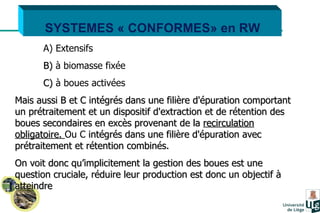 SYSTEMES « CONFORMES» en RW A) Extensifs   B)  à biomasse fixée  C)  à boues activées  Mais aussi B et C intégrés dans une filière d'épuration comportant un prétraitement et un dispositif d'extraction et de rétention des boues secondaires en excès provenant de la  recirculation obligatoire.  Ou C  intégrés dans une filière d'épuration avec prétraitement et rétention combinés. On voit donc qu’implicitement la gestion des boues est une question cruciale, réduire leur production est donc un objectif à atteindre 