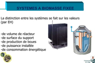 SYSTEMES A BIOMASSE FIXEE La distinction entre les systèmes se fait sur les valeurs  (par EH) de volume de réacteur de surface du support  de production de boues de puissance installée  de consommation énergétique   