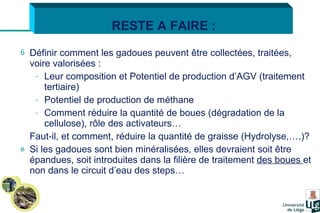 Définir comment les gadoues peuvent être collectées, traitées, voire valorisées : Leur composition et Potentiel de production d’AGV (traitement tertiaire) Potentiel de production de méthane Comment réduire la quantité de boues (dégradation de la cellulose), rôle des activateurs… Faut-il, et comment, réduire la quantité de graisse (Hydrolyse,….)? Si les gadoues sont bien minéralisées, elles devraient soit être épandues, soit introduites dans la filière de traitement  des boues  et non dans le circuit d’eau des steps… RESTE A FAIRE : 