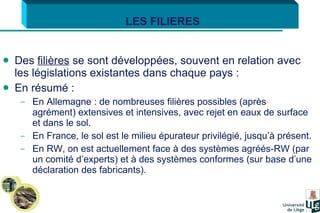 Des  filières  se sont développées, souvent en relation avec les législations existantes dans chaque pays : En résumé : En Allemagne : de nombreuses filières possibles (après agrément) extensives et intensives, avec rejet en eaux de surface et dans le sol. En France, le sol est le milieu épurateur privilégié, jusqu’à présent. En RW, on est actuellement face à des systèmes agréés-RW (par un comité d’experts) et à des systèmes conformes (sur base d’une déclaration des fabricants). LES FILIERES 