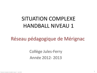 SITUATION COMPLEXE
HANDBALL NIVEAU 1
Réseau pédagogique de Mérignac
Collège Jules-Ferry
Année 2012- 2013

Situation complexe handball niveau 1 - mai 2013

1

 