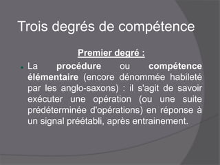 Trois degrés de compétence
Premier degré :
 La procédure ou compétence élémentaire
(encore dénommée habileté par les anglo-
saxons) : il s'agit de savoir exécuter une
opération (ou une suite prédéterminée
d'opérations) en réponse à un signal préétabli,
après entrainement.
 