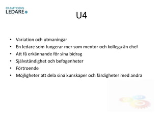 U4
• Variation och utmaningar
• En ledare som fungerar mer som mentor och kollega än chef
• Att få erkännande för sina bidrag
• Självständighet och befogenheter
• Förtroende
• Möjligheter att dela sina kunskaper och färdigheter med andra
 