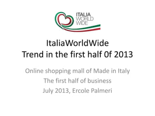 ItaliaWorldWide
Trend in the first half 0f 2013
Online shopping mall of Made in Italy
The first half of business
July 2013, Ercole Palmeri
 