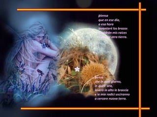 p iensa que en ese día, a esa hora levantaré los brazos y saldrán mis raíces a buscar otra tierra. pensa  che in quel giorno,  in quell' ora,  leverò in alto le braccia  e le mie radici usciranno  a cercare nuova terra.  