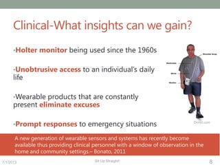 7/1/2013 8Sit Up Straight!Sit Up Straight!
Clinical-What insights can we gain?
•Holter monitor being used since the 1960s
...