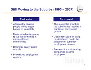 Still Moving to the Suburbs (1995 – 2007)

         Residential                  Commercial

• Affordability enables       • The residential growth in
  people to buy bigger          the suburbs has resulted in
  homes on larger lots          significant commercial
                                growth
• Many suburbanites prefer
  to live in new homes in     • Desire for suburban living
  master-planned                has increased due to the
  communities                   existence of suburban
                                employment centers
• Desire for quality public
  schools                     • Prevalent trend of locating
                                companies closer to
• Proximity to employment       employees
  centers


                                                              12
 