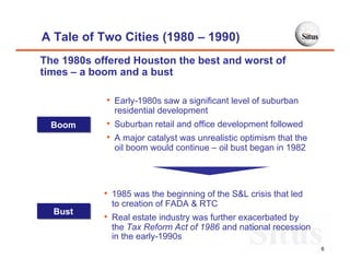 A Tale of Two Cities (1980 – 1990)
The 1980s offered Houston the best and worst of
times – a boom and a bust

            • Early-1980s saw a significant level of suburban
              residential development
  Boom      • Suburban retail and office development followed
            • A major catalyst was unrealistic optimism that the
              oil boom would continue – oil bust began in 1982




            • 1985 was the beginning of the S&L crisis that led
              to creation of FADA & RTC
  Bust
            • Real estate industry was further exacerbated by
              the Tax Reform Act of 1986 and national recession
              in the early-1990s
                                                                   6
 