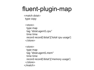 fluent-plugin-map
<match dstat>
type copy
<store>
type map
tag &sbquo;dstat.agent1.cpu"
time time
record record['dstat']['total cpu usage']
</store>
<store>
type map
tag &sbquo;dstat.agent1.mem"
time time
record record['dstat']['memory usage']
</store>
</match>
 