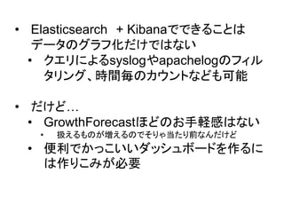 &bull; Elasticsearch + Kibanaでできることは
データのグラフ化だけではない
&bull; クエリによるsyslogやapachelogのフィル
タリング、時間毎のカウントなども可能
&bull; だけど&hellip;
&bull; GrowthForecastほどのお手軽感はない
&bull; 扱えるものが増えるのでそりゃ当たり前なんだけど
&bull; 便利でかっこいいダッシュボードを作るに
は作りこみが必要
 