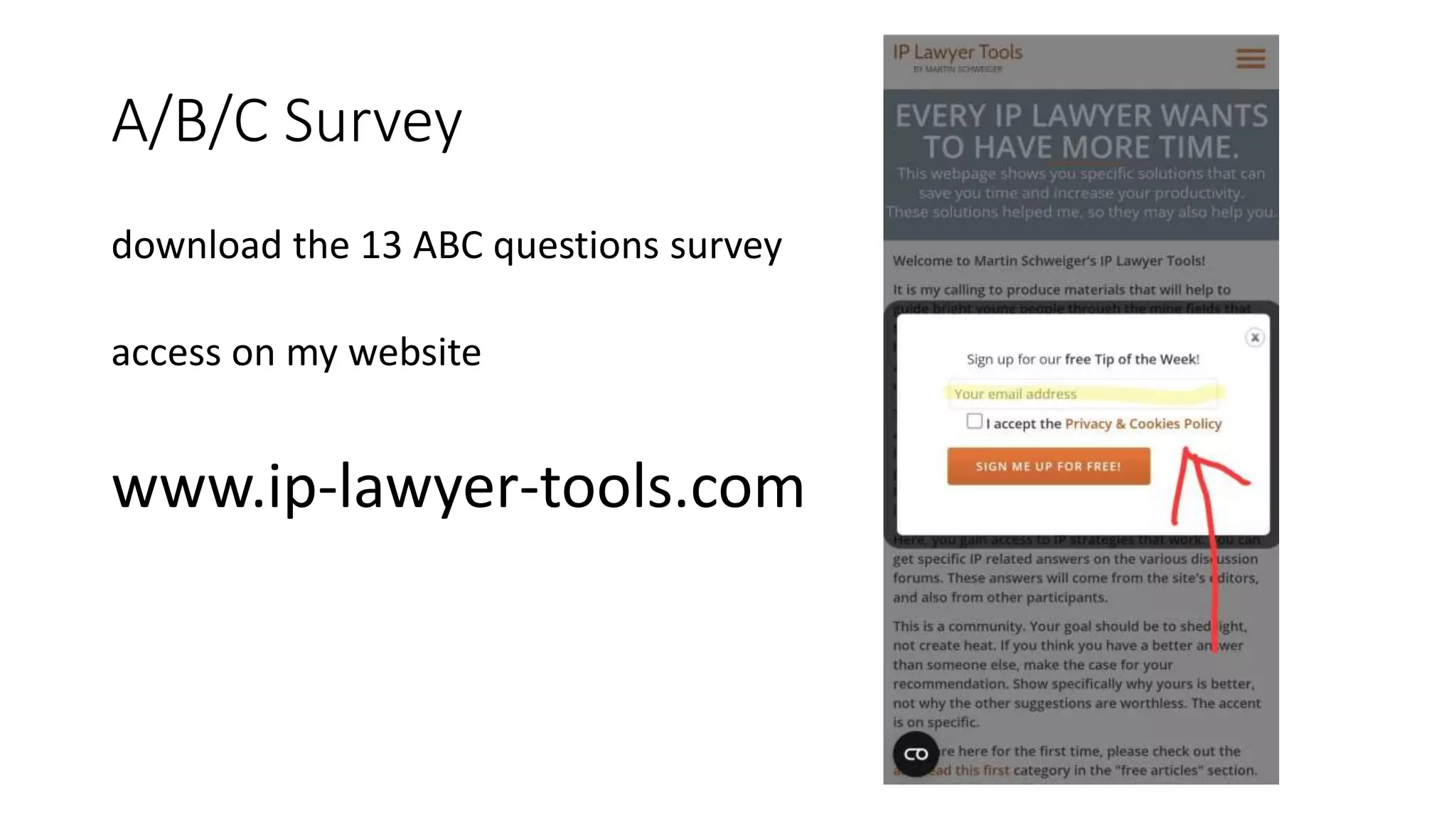 A/B/C Survey
download the 13 ABC questions survey
access on my website
www.ip-lawyer-tools.com
 