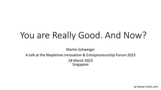 You are Really Good. And Now?
Martin Schweiger
A talk at the Mapletree Innovation & Entrepreneurship Forum 2023
18 March 2023
Singapore
Ip-lawyer-tools.com
 