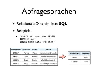 Abfragesprachen
• Relationale Datenbanken: SQL
• Beispiel:
    •      SELECT vorname, matrikelNr
           FROM student
           WHERE name LIKE 'Fischer'


matrikelNr vorname     name             eMail
 2485239     Markus    Meyer     markus.meyer@web.de     matrikelNr   vorname
 3417012      Egon     Fischer    egonﬁscher@gmx.de
                                                          3417012      Egon
 4123520      Erwin    Fischer    eﬁsch@uni-koeln.de
                                                          4123520      Erwin
 5867814      Hugo    Schneider schneidi93@hotmail.com
 