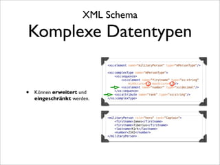 XML Schema
Komplexe Datentypen


•   Können erweitert und
    eingeschränkt werden.
 
