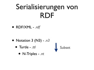 Serialisierungen von
           RDF
• RDF/XML - .rdf

• Notation 3 (N3) - .n3
 • Turtle - .ttl          Subset
   • N-Triples - .nt
 