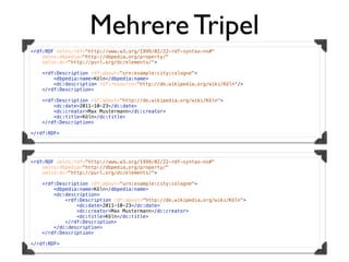 Mehrere Tripel
<rdf:RDF xmlns:rdf="http://www.w3.org/1999/02/22-rdf-syntax-ns#"
    xmlns:dbpedia="http://dbpedia.org/property/"
    xmlns:dc="http://purl.org/dc/elements/">

   <rdf:Description rdf:about="urn:example:city:cologne">
       <dbpedia:name>Köln</dbpedia:name>
       <dc:description rdf:resource="http://de.wikipedia.org/wiki/Köln"/>
   </rdf:Description>

   <rdf:Description rdf:about="http://de.wikipedia.org/wiki/Köln">
       <dc:date>2011-10-23</dc:date>
       <dc:creator>Max Mustermann</dc:creator>
       <dc:title>Köln</dc:title>
   </rdf:Description>

</rdf:RDF>




<rdf:RDF xmlns:rdf="http://www.w3.org/1999/02/22-rdf-syntax-ns#"
    xmlns:dbpedia="http://dbpedia.org/property/"
    xmlns:dc="http://purl.org/dc/elements/">

   <rdf:Description rdf:about="urn:example:city:cologne">
       <dbpedia:name>Köln</dbpedia:name>
       <dc:description>
           <rdf:Description rdf:about="http://de.wikipedia.org/wiki/Köln">
               <dc:date>2011-10-23</dc:date>
               <dc:creator>Max Mustermann</dc:creator>
               <dc:title>Köln</dc:title>
           </rdf:Description>
       </dc:description>
   </rdf:Description>

</rdf:RDF>
 