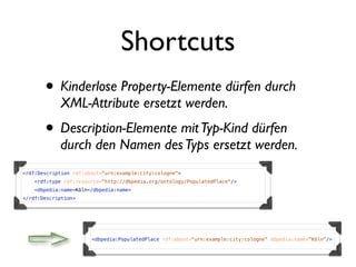 Shortcuts
       • Kinderlose Property-Elemente dürfen durch
            XML-Attribute ersetzt werden.
       • Description-Elemente mit Typ-Kind dürfen
            durch den Namen des Typs ersetzt werden.
<rdf:Description rdf:about="urn:example:city:cologne">
    <rdf:type rdf:resource="http://dbpedia.org/ontology/PopulatedPlace"/>
    <dbpedia:name>Köln</dbpedia:name>
</rdf:Description>




                       <dbpedia:PopulatedPlace rdf:about="urn:example:city:cologne" dbpedia:name="Köln"/>
 