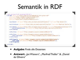 Semantik in RDF
<?xml version="1.0" encoding="UTF-8"?>
<rdf:RDF xmlns:rdf="http://www.w3.org/1999/02/22-rdf-syntax-ns#"
    xmlns:uni="http://example.org/uni-vokabular#"
    xmlns:foaf="http://xmlns.com/foaf/0.1/"
    xmlns:dc="http://purl.org/dc/elements/1.1/">

   <uni:Dozent rdf:about="http://hki.uni-koeln.de/staff/wieners" foaf:name="Jan Wieners"/>

   <uni:Professor rdf:about="http://hki.uni-koeln.de/staff/thaller" foaf:name="Manfred Thaller"/>

   <uni:Uebung rdf:about="http://hki.uni-koeln.de/courses/42" dc:title="Programmierpraktikum C++">
       <uni:wirdGehaltenVon rdf:resource="http://hki.uni-koeln.de/staff/oliveira"/>
   </uni:Uebung>

    <rdfs:Class rdf:about="http://example.org/uni-vokabular#Dozent"/>

   <rdfs:Class rdf:about="http://example.org/uni-vokabular#Professor">
       <rdfs:subClassOf rdf:resource="http://example.org/uni-vokabular#Dozent"/>
   </rdfs:Class>

   <rdf:Property rdf:about="http://example.org/uni-vokabular#wirdGehaltenVon">
       <rdfs:range rdf:resource="http://example.org/uni-vokabular#Dozent"/>
   </rdf:Property>

</rdf:RDF>




     •       Aufgabe: Finde alle Dozenten

     •       Antwort: „Jan Wieners“, „Manfred Thaller“ & „Daniel
             de Oliveira“
 