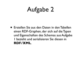 Aufgabe 2

• Erstellen Sie aus den Daten in den Tabellen
  einen RDF-Graphen, der sich auf die Typen
  und Eigenschaften des Schemas aus Aufgabe
  1 bezieht und serialisieren Sie diesen in
  RDF/XML.
 