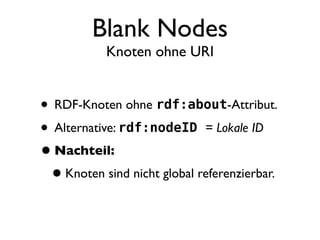 Blank Nodes
           Knoten ohne URI


• RDF-Knoten ohne rdf:about-Attribut.
• Alternative: rdf:nodeID = Lokale ID
• Nachteil:
 • Knoten sind nicht global referenzierbar.
 