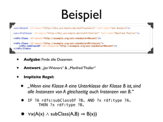 Beispiel
<uni:Dozent rdf:about="http://hki.uni-koeln.de/staff/wieners" foaf:name="Jan Wieners"/>

<uni:Professor rdf:about="http://hki.uni-koeln.de/staff/thaller" foaf:name="Manfred Thaller"/>

<rdfs:Class rdf:about="http://example.org/uni-vokabular#Dozent"/>

<rdfs:Class rdf:about="http://example.org/uni-vokabular#Professor">
    <rdfs:subClassOf rdf:resource="http://example.org/uni-vokabular#Dozent"/>
</rdfs:Class>




  •       Aufgabe: Finde alle Dozenten

  •       Antwort: „Jan Wieners“ & „Manfred Thaller“

  •       Implizite Regel:

      •     „Wenn eine Klasse A eine Unterklasse der Klasse B ist, sind
            alle Instanzen von A gleichzeitig auch Instanzen von B.“
      •     IF ?A rdfs:subClassOf ?B. AND ?x rdf:type ?A.
            !    THEN ?x rdf:type ?B.

      •     ∀x(A(x) ⋀ subClass(A,B)                   B(x))
 