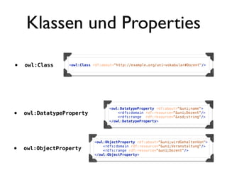 Klassen und Properties

•   owl:Class     <owl:Class rdf:about="http://example.org/uni-vokabular#Dozent"/>




                                    <owl:DatatypeProperty rdf:about="&uni;name">
•   owl:DatatypeProperty                <rdfs:domain rdf:resource="&uni;Dozent"/>
                                        <rdfs:range rdf:resource="&xsd;string"/>
                                    </owl:DatatypeProperty>




                             <owl:ObjectProperty rdf:about="&uni;wirdGehaltenVon">

•   owl:ObjectProperty           <rdfs:domain rdf:resource="&uni;Veranstaltung"/>
                                 <rdfs:range rdf:resource="&uni;Dozent"/>
                             </owl:ObjectProperty>
 