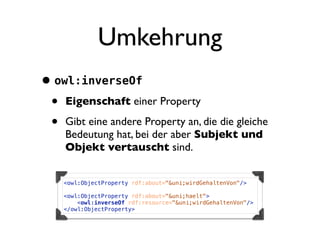 Umkehrung
• owl:inverseOf
 • Eigenschaft einer Property
 • Gibt eine andere Property an, die die gleiche
     Bedeutung hat, bei der aber Subjekt und
     Objekt vertauscht sind.


    <owl:ObjectProperty rdf:about="&uni;wirdGehaltenVon"/>

    <owl:ObjectProperty rdf:about="&uni;haelt">
        <owl:inverseOf rdf:resource="&uni;wirdGehaltenVon"/>
    </owl:ObjectProperty>
 