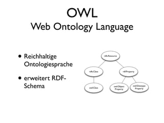 OWL
      Web Ontology Language

•   Reichhaltige                    rdfs:Resource



    Ontologiesprache
                       rdfs:Class                     rdf:Property



• erweitert RDF-
    Schema             owl:Class
                                              owl:Object
                                               Property
                                                                owl:Datatype
                                                                 Property
 