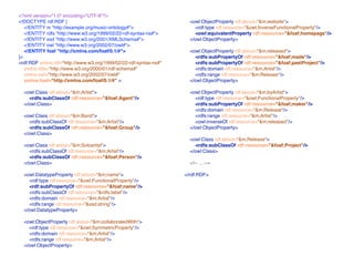 <?xml version="1.0" encoding="UTF-8"?>
<!DOCTYPE rdf:RDF [                                                  <owl:ObjectProperty rdf:about="&m;website">
   <!ENTITY m "http://example.org/music-ontology#">                    <rdf:type rdf:resource="&owl;InverseFunctionalProperty"/>
   <!ENTITY rdfs "http://www.w3.org/1999/02/22-rdf-syntax-ns#">        <owl:equivalentProperty rdf:resource="&foaf;homepage"/>
   <!ENTITY xsd "http://www.w3.org/2001/XMLSchema#">                 </owl:ObjectProperty>
   <!ENTITY owl "http://www.w3.org/2002/07/owl#">
   <!ENTITY foaf "http://xmlns.com/foaf/0.1/#">                      <owl:ObjectProperty rdf:about="&m;released">
]>                                                                     <rdfs:subPropertyOf rdf:resource="&foaf;made"/>
<rdf:RDF xmlns:rdf="http://www.w3.org/1999/02/22-rdf-syntax-ns#"       <rdfs:subPropertyOf rdf:resource="&foaf;pastProject"/>
   xmlns:rdfs="http://www.w3.org/2000/01/rdf-schema#"                  <rdfs:domain rdf:resource="&m;Artist"/>
   xmlns:owl="http://www.w3.org/2002/07/owl#"                          <rdfs:range rdf:resource="&m;Release"/>
   xmlns:foaf="http://xmlns.com/foaf/0.1/#" >                        </owl:ObjectProperty>

  <owl:Class rdf:about="&m;Artist">                                  <owl:ObjectProperty rdf:about="&m;byArtist">
    <rdfs:subClassOf rdf:resource="&foaf;Agent"/>                      <rdf:type rdf:resource="&owl;FunctionalProperty"/>
  </owl:Class>                                                         <rdfs:subPropertyOf rdf:resource="&foaf;maker"/>
                                                                       <rdfs:domain rdf:resource="&m;Release"/>
  <owl:Class rdf:about="&m;Band">                                      <rdfs:range rdf:resource="&m;Artist"/>
    <rdfs:subClassOf rdf:resource="&m;Artist"/>                        <owl:inverseOf rdf:resource="&m;released"/>
    <rdfs:subClassOf rdf:resource="&foaf;Group"/>                    </owl:ObjectProperty>
  </owl:Class>
                                                                     <owl:Class rdf:about="&m;Release">
  <owl:Class rdf:about="&m;Soloartist">                                <rdfs:subClassOf rdf:resource="&foaf;Project"/>
    <rdfs:subClassOf rdf:resource="&m;Artist"/>                      </owl:Class>
    <rdfs:subClassOf rdf:resource="&foaf;Person"/>
  </owl:Class>                                                       <!-- ... -->

  <owl:DatatypeProperty rdf:about="&m;name">                       </rdf:RDF>
    <rdf:type rdf:resource="&owl;FunctionalProperty"/>
    <rdf:subPropertyOf rdf:resource="&foaf;name"/>
    <rdfs:subClassOf rdf:resource="&rdfs;label"/>
    <rdfs:domain rdf:resource="&m;Artist"/>
    <rdfs:range rdf:resource="&xsd;string"/>
  </owl:DatatypeProperty>

  <owl:ObjectProperty rdf:about="&m;collaboratedWith">
    <rdf:type rdf:resource="&owl;SymmetricProperty"/>
    <rdfs:domain rdf:resource="&m;Artist"/>
    <rdfs:range rdf:resource="&m;Artist"/>
  </owl:ObjectProperty>
 