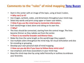 Comments to the “rules” of mind mapping Tony Buzan
• Start in the center with an image of the topic, using at least 3 colors.
 Why not 2 or 4?
• Use images, symbols, codes, and dimensions throughout your mind map.
• Select key words and print using upper or lower case letters.
 Only if you use the mind map to memorize information, for brainstorming
or for creativity. Not to analyze complex problems, to communicate or
archive complex information.
• Each word/image is best alone and sitting on its own line.
 Why?
• The lines should be connected, starting from the central image. The lines
become thinner as they radiate out from the center.
 There is no need for broader and thinner lines.
• Make the lines the same length as the word/image they support.
• Use multiple colors throughout the mind map, for visual stimulation and also
for encoding or grouping.
• Develop your own personal style of mind mapping.
 How can you do this if you have to follow these strict rules?
• Use emphasis and show associations in your mind map.
• Keep the mind map clear by using radial hierarchy or outlines to embrace
your branches.
C) Infoseg, S.A. 2016 http://bit.ly/1Eimh3k
 