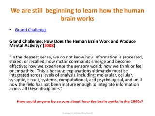 We are still beginning to learn how the human
brain works
• Grand Challenge
Grand Challenge: How Does the Human Brain Work and Produce
Mental Activity? (2008)
“In the deepest sense, we do not know how information is processed,
stored, or recalled; how motor commands emerge and become
effective; how we experience the sensory world; how we think or feel
or empathize. This is because explanations ultimately must be
integrated across levels of analysis, including: molecular, cellular,
synaptic, circuit, systems, computational, and psychological, and until
now the field has not been mature enough to integrate information
across all these disciplines.”
How could anyone be so sure about how the brain works in the 1960s?
C) Infoseg, S.A. 2016 http://bit.ly/1Eimh3k
 