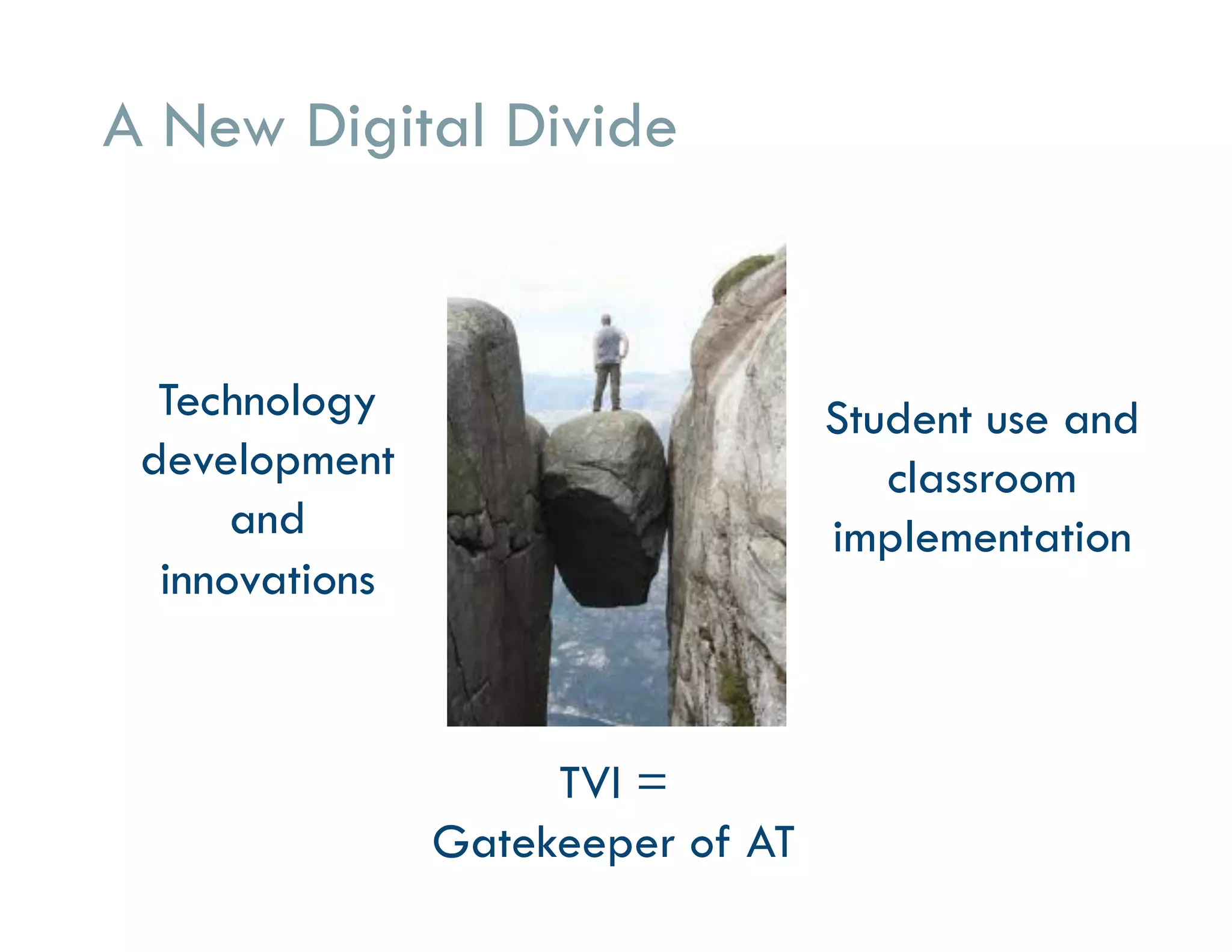 A New Digital Divide
Technology
development
and
innovations
Student use and
classroom
implementation
TVI =
Gatekeeper of AT
 