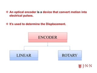  An optical encoder is a device that convert motion into
electrical pulses.
 It’s used to determine the Displacement.
ENCODER
LINEAR ROTARY
 