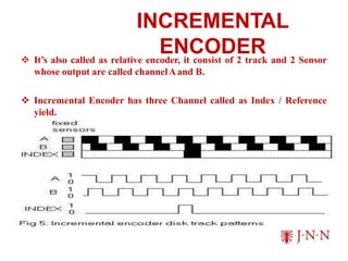 INCREMENTAL
ENCODER
 It’s also called as relative encoder, it consist of 2 track and 2 Sensor
whose output are called channelAand B.
 Incremental Encoder has three Channel called as Index / Reference
yield.
 