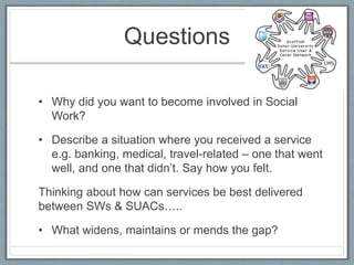 Questions
• Why did you want to become involved in Social
Work?
• Describe a situation where you received a service
e.g. banking, medical, travel-related – one that went
well, and one that didn’t. Say how you felt.
Thinking about how can services be best delivered
between SWs & SUACs…..
• What widens, maintains or mends the gap?
 