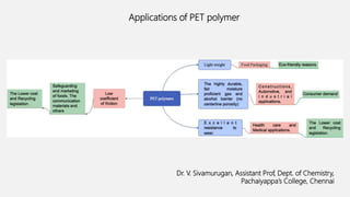 Applications of PET polymer
Dr. V. Sivamurugan, Assistant Prof, Dept. of Chemistry,
Pachaiyappa’s College, Chennai
 