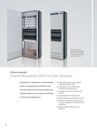 © Siemens AG 2008




                                                                                         In-line section with
                                                                                         3NJ4 in-line fuse switch
                                                                                         disconnectors and rapid
                                                                                         mounting kits for built-in
                                                                                         installation devices




     Efficient Assembly:

     Fixed-Mounted 3NJ4 In-Line System
               The sections for cable feeders in fixed-mounted       ■ High safety thanks to type-tested
                                                                       standard modules (TTA)
               system are equipped with switchable in-line
                                                                     ■ Cable feeders up to 630 A with/
                                                                       without current measuring
               fuse switch disconnectors, whose compact and
                                                                     ■ Installation of up to 14 feeders per
               modular design ensures the optimum efficiency           section
                                                                     ■ De-energized fuse replacement
               of infrastructure applications.
                                                                     ■ Doors optionally with/without cut-out
                                                                     ■ Optional installation of rapid mount-
                                                                       ing kits or equipment holders for free
                                                                       equipping
                                                                     ■ Section widths of 600 mm and
                                                                       800 mm




18
 
