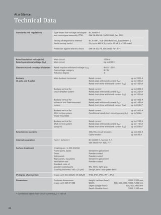 © Siemens AG 2008


     At a Glance:

     Technical Data
      Standards and regulations                 Type-tested low-voltage switchgear   IEC 60439-1
                                                and controlgear assembly (TTA)       DIN EN 60439-1 (VDE 0660 Part 500)

                                                Testing of response to internal      IEC 61641, VDE 0660 Part 500, Supplement 2
                                                faults (arcing faults)               (Ue up to 440 V, Icw up to 50 kA, t = 100 msec)

                                                Protection against electric shock    DIN EN 50274, VDE 0660 Part 514




      Rated insulation voltage (Ui)             Main circuit                                          1000 V
      Rated operational voltage (Ue)            Main circuit                                          Up to 690 V

      Clearances and creepage distances         Rated impulse withstand voltage Uimp                  8 kV / 12 kV
                                                Overvoltage category                                  III / IV
                                                Pollution degree                                      3

      Busbars                                   Main busbars horizontal              Rated current                                   up to 7000 A
      (3-pole and 4-pole)                                                            Rated peak withstand current (Ipk)              up to 330 kA
                                                                                     Rated short-time withstand current (Icw)        up to 150 kA

                                                Busbars vertical for                 Rated current                                   up to 6300 A
                                                circuit breaker system               Rated peak withstand current (Ipk)              up to 220 kA
                                                                                     Rated short-time withstand current (Icw)        up to 100 kA

                                                Busbars vertical for                 Rated current                                   up to 1600 A
                                                universal and fixed-mounted          Rated peak withstand current (Ipk)              up to 143 kA
                                                system                               Rated short-time withstand current (Icw)        up to 65 kA*

                                                Busbars vertical for                 Rated current                                   up to 1600 A
                                                3NJ4 in-line system                  Conditional rated short-circuit current (Icc)   up to 50 kA
                                                (fixed-mounted)

                                                Busbars vertical for                 Rated current                                   up to 2100 A
                                                3NJ6 in-line system                  Rated peak withstand current (Ipk)              up to 110 kA
                                                (plug-in)                            Rated short-time withstand current (Icw)        up to 50 kA*

      Rated device currents                                                          3WL/3VL circuit breakers                        up to 6300 A
                                                                                     Cable feeders                                   up to 630 A

      Internal separation                       Form 1 to form 4                     IEC 60439-1, Section 7.7,
                                                                                     VDE 0660 Part 500, 7.7

      Surface treatment                         (Coating acc. to DIN 43656)
                                                Frame parts, bases                   Sendzimir-galvanized
                                                Doors                                Powder-coated
                                                Side panels                          Powder-coated
                                                Rear panels, top plates              Sendzimir-galvanized
                                                Ventilation roof                     Powder-coated
                                                Standard color of
                                                powder-coated parts                  RAL 7035, light gray
                                                (coating thickness 100 ± 25 µm)      Design parts: blue green basic

      IP degree of protection                   In acc. with IEC 60529, EN 60529     IP30, IP31, IP40, IP41, IP54

      Dimensions                                Preferred dimensions                 Height (without base):                        2000, 2200 mm
                                                in acc. with DIN 41488               Width:                         400, 600, 800, 1000, 1200 mm
                                                                                     Depth (single-front):                      500, 600, 800 mm
                                                                                     Depth (double-front):                         1000, 1200 mm

      * Conditional rated short-circuit current (Icc) = 100 kA




26
 