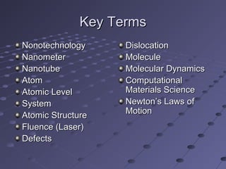 Key TermsKey Terms
NonotechnologyNonotechnology
NanometerNanometer
NanotubeNanotube
AtomAtom
Atomic LevelAtomic Level
SystemSystem
Atomic StructureAtomic Structure
Fluence (Laser)Fluence (Laser)
DefectsDefects
DislocationDislocation
MoleculeMolecule
Molecular DynamicsMolecular Dynamics
ComputationalComputational
Materials ScienceMaterials Science
Newton’s Laws ofNewton’s Laws of
MotionMotion
 