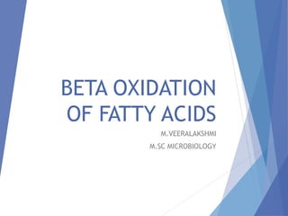 BETA OXIDATION
OF FATTY ACIDS
M.VEERALAKSHMI
M.SC MICROBIOLOGY
 