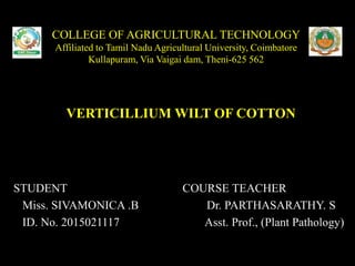 COLLEGE OF AGRICULTURAL TECHNOLOGY
Affiliated to Tamil Nadu Agricultural University, Coimbatore
Kullapuram, Via Vaigai dam, Theni-625 562
VERTICILLIUM WILT OF COTTON
STUDENT COURSE TEACHER
Miss. SIVAMONICA .B Dr. PARTHASARATHY. S
ID. No. 2015021117 Asst. Prof., (Plant Pathology)
 