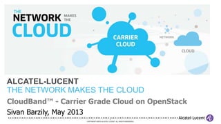 1
COPYRIGHT ©2012 ALCATEL-LUCENT. ALL RIGHTS RESERVED.
CloudBand™ - Carrier Grade Cloud on OpenStack
Sivan Barzily, May 2013
ALCATEL-LUCENT
THE NETWORK MAKES THE CLOUD
 