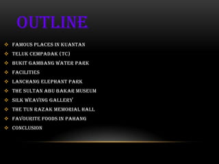 OUTLINE
 FAMOUS PLACES IN KUANTAN
 TELUK CEMPADAK (TC)
 BUKIT GAMBANG WATER PARK
 FACILITIES
 LANCHANG ELEPHANT PARK
 THE SULTAN ABU BAKAR MUSEUM
 SILK WEAVING GALLERY
 THE TUN RAZAK MEMORIAL HALL
 FAVOURITE FOODS IN PAHANG
 CONCLUSION
 