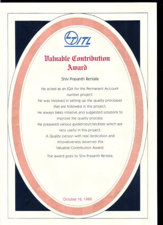 Sivaprasanth rentala L&T Infoteh(L&T ITL) awards certificates