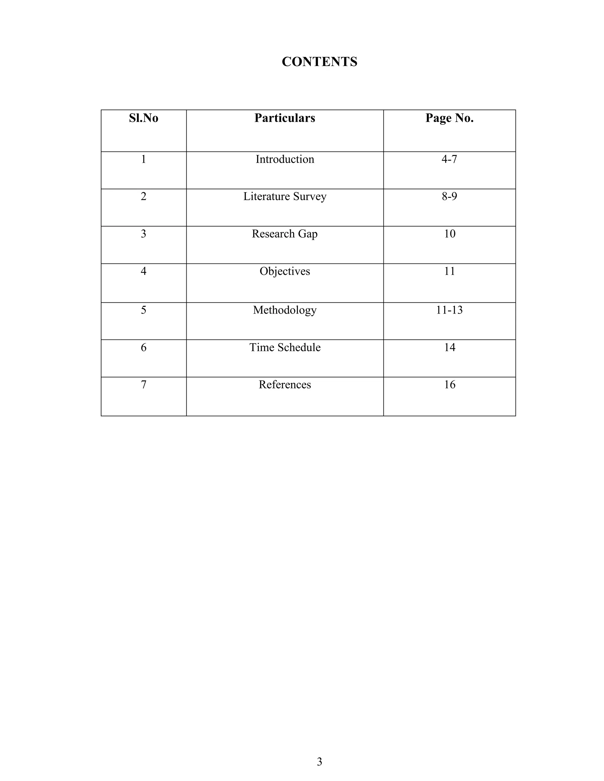 3
CONTENTS
Sl.No Particulars Page No.
1 Introduction 4-7
2 Literature Survey 8-9
3 Research Gap 10
4 Objectives 11
5 Methodology 11-13
6 Time Schedule 14
7 References 16
 