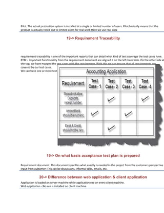 Pilot: The actual production system is installed at a single or limited number of users. Pilot basically means that the
product is actually rolled out to limited users for real work Here we use real data

                                       19-> Requirement Traceability



requirement traceability is one of the important reports that can detail what kind of test coverage the test cases have.
RTM - Important functionality from the requirement document are aligned it on the left-hand side. On the other side at
the top, we have mapped the test cases with the requirement. With this we can ensure that all requirements are
covered by our test cases.
We can have one or more test cases covering the req. This is called req. coverage




                      19-> On what basis acceptance test plan is prepared

Requirement document: This document specifies what exactly is needed in the project from the customers perspective
Input from customer: This can be discussions, informal talks, emails, etc.

                20-> Difference between web application & client application
Application is loaded on server machine while application exe on every client machine.
Web application - No exe is installed on client machine.
 