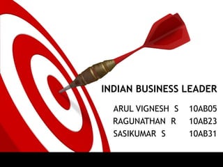INDIAN BUSINESS LEADER
  ARUL VIGNESH S   10AB05
  RAGUNATHAN R     10AB23
  SASIKUMAR S      10AB31
 
