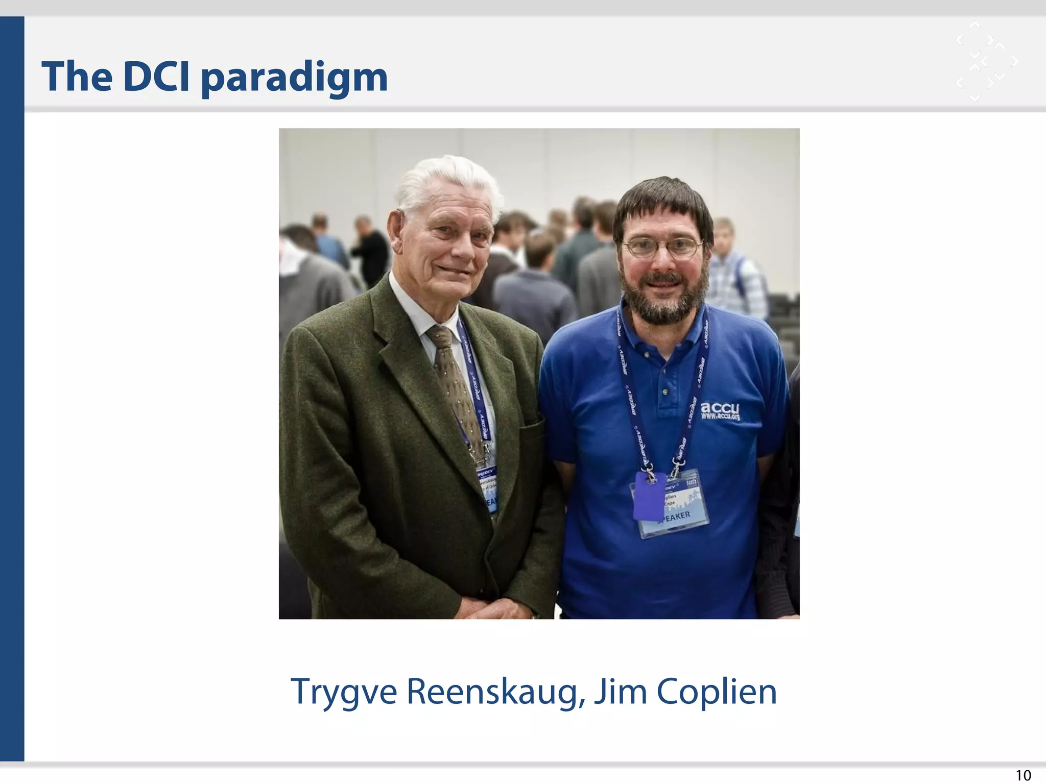 10
The DCI paradigm
Trygve Reenskaug, Jim Coplien
 